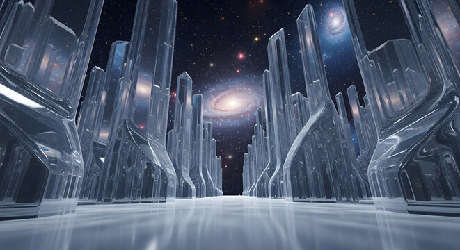 Futuristic Glass Cityscape with Cosmic Background.
