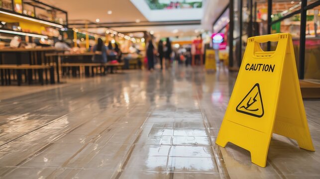 Caution sign in busy shopping area highlights safety.