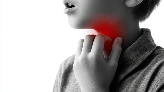 A young boy is touching his throat with one hand. He appears to be feeling discomfort. The setting is bright and simple, focusing on his expression