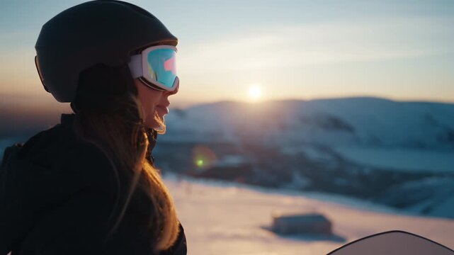 Happy woman admiring sunset or sunrise in mountains, female snowboarder at top. Unity with nature, enjoy solitude and calmness, portrait of joyful female snowboarder or skier admiring picturesque view