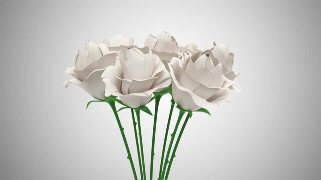 A cluster of white rose blossoms with green stems slowly turns against a soft gray backdrop, presenting an elegant floral arrangement in 3D animation