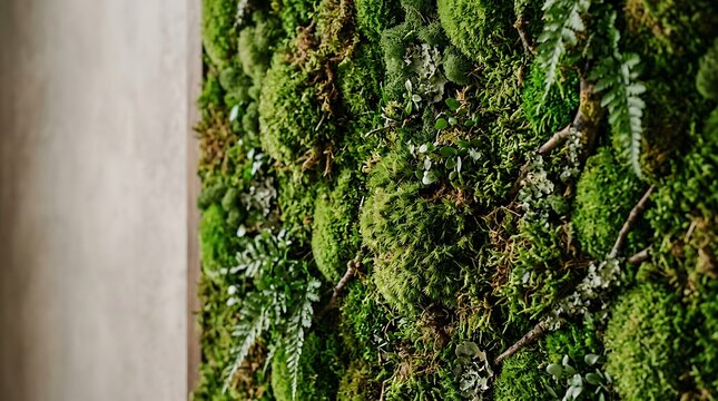 Lush vertical green moss wall with ferns and natural textures
