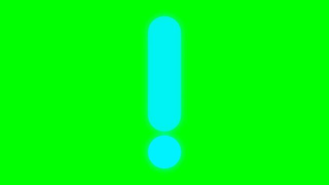 Glowing Cyan Exclamation Mark Symbol on Chroma Key Green Screen, Alert and Warning Concept for Video Overlay and Motion Design
