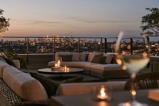 View through a softly blurred wine glass of a rooftop terrace with modern seating and city skyline at dusk, candles illuminating the scene