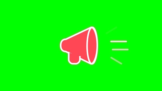 Red megaphone speaker icon with white outline and sound waves on green background, concept for public announcement, digital marketing, and news alerts