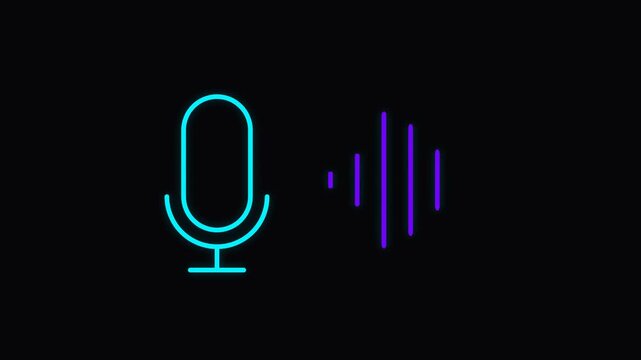 Neon Cyan Microphone Icon and Purple Audio Waveform on Black Background - Minimalist Graphic for Podcasting, Voice Assistant, and Sound Recording Technology