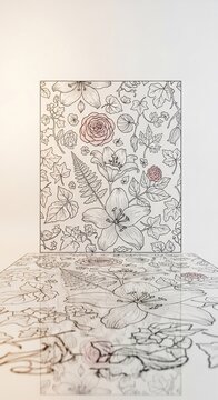 繊細な手描きの花柄デザイン、柔らかな光、反射、透明感、アート、自然、エレガント、装飾、背景