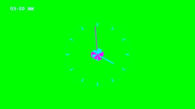 Minimalist Analog and Digital Clock Showing 12:00 AM Midnight on Green Screen Background for Chroma Key Compositing and Video Editing
