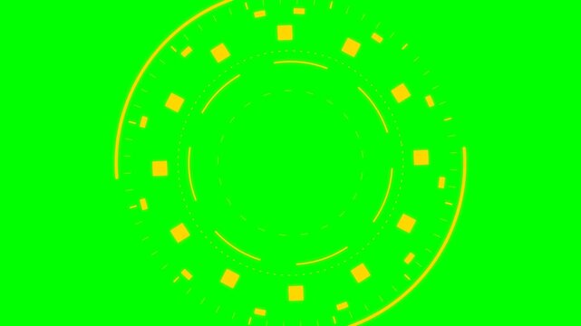 Futuristic Yellow HUD UI Circle Animation on Green Screen Background for Video Editing, Sci-Fi Digital Technology Interface with Rotating Elements