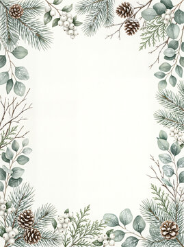 Christmas festive border frame with pine branches and pinecones, christmas