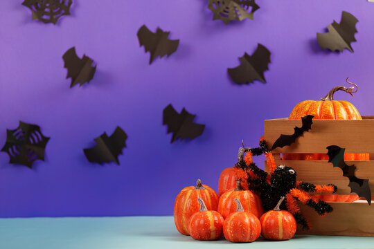 Halloween decoration with pumpkins in wooden crate and spider over purple background