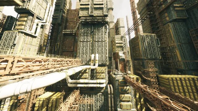 Complex pipework labyrinth stretching between monolithic structures, intricate conduits and interlaced support beams form immersive maze, highdetail surfaces