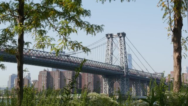 Williamsburg Bridge in Brooklyn, New York City, United States. Transport metallic bridge near Marcy Av subway station and Domino park in Williamsburg. Summer greenery on East River promenade.