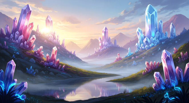 Mystical Crystal Landscape with Glowing Spires.