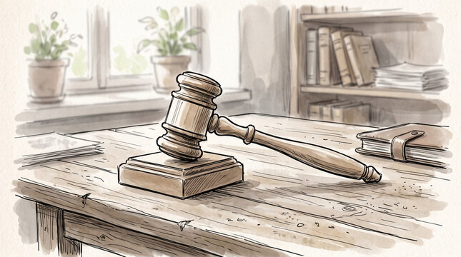 Hand-drawn monochrome illustration of a judge's gavel on a table with soft watercolor blur, done in ink