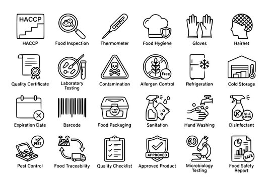 Food Safety and HACCP Compliance Line Icons Set - Vector Symbols for Food Hygiene, Quality Certificate, Cold Storage, and Sanitation 