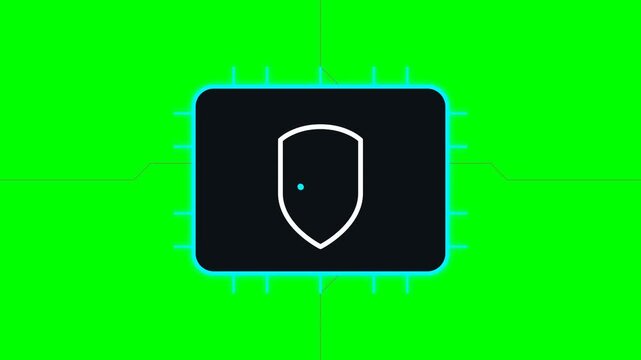 Cyber Security Concept with Glowing Shield and Checkmark Icon on a Computer Microchip Processor against Chroma Key Green Background