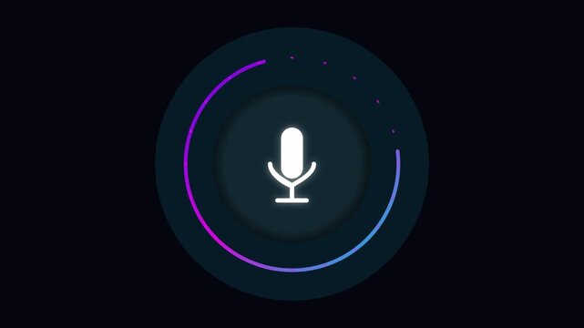 Smart Voice Assistant Microphone Icon with Neon Purple and Blue Glowing Circular Interface, Digital Speech Recognition UI Concept for AI Technology