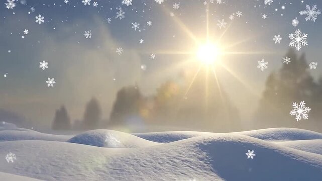 Bright winter landscape with falling snowflakes and golden sunlight