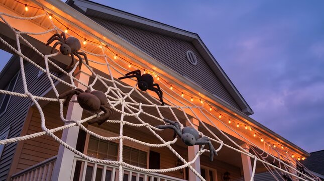 Riesiges Spinnennetz mit gro&szlig;en Spinnen und Lichterkette als Halloween-Hausdekoration am Abendhimmel f&uuml;r Design-Hintergrund