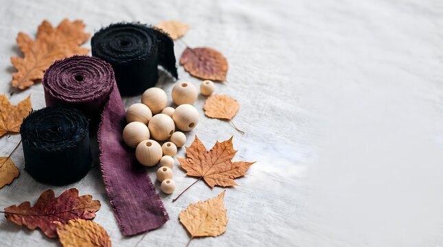 Composition de rubans en tissu perles en bois et feuilles s&eacute;ch&eacute;es sur lin clair pour fond de design