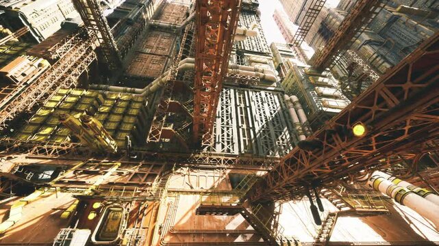 vertical steel labyrinth with towering pipes and catwalks, sunlight filtering through rusted girders creating highcontrast shadows, dense layers of scaffolding