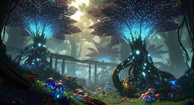 Mystical Forest with Glowing Trees and Ethereal Light.