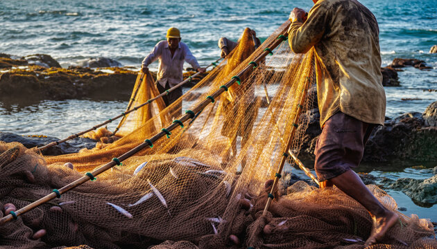 Fishermen hauling a fishing net on rocky shoreline at sea.