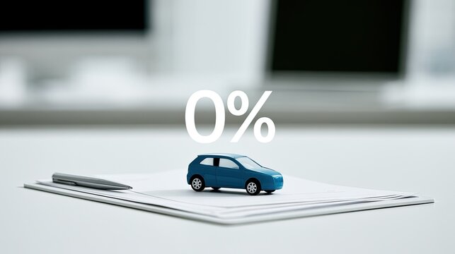 Miniature blue car on a document, with "0%" displayed, suggesting a deal