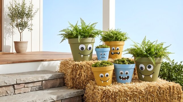 Fun DIY monster flower pots with googly eyes and ferns on hay bales for Halloween porch decor for design background