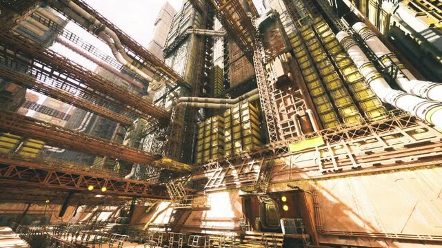 panoramic industrial atrium with layered scaffolds and sunlit passages, editorial grandeur with sweeping perspective, urban planner imagined repurposing space
