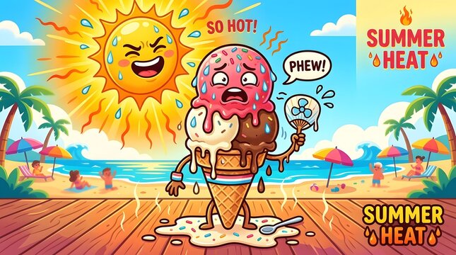 Cartoon ice cream cone character sweating and melting on a wooden deck under a hot, angry sun at a tropical beach resort