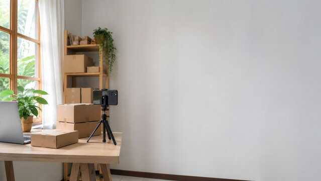 Camera tripod table box plant window shelf laptop studio interior workspace with packing box and equipment beside bright window copy space on plain wall for online content or small business setup
