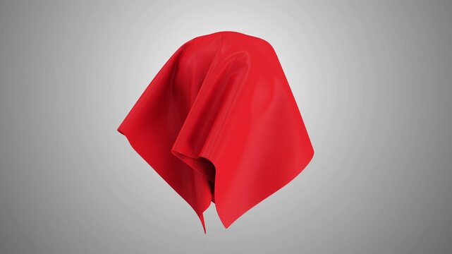 A red fabric sheet descends and wraps around a suspended white sphere, creating soft folds and flowing motion against a clean gray backdrop in 3D animation
