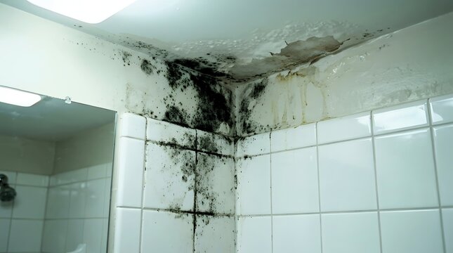 Mold grows on the white tiled wall and ceiling of a neglected bathroom indicating severe water damage and decay.