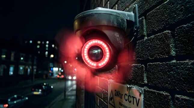 Security camera mounted on a brick wall illuminates the dark urban street with a bright red warning light at night.