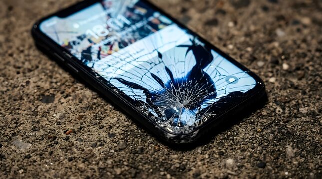 Smartphone displays a severely shattered screen while lying on a rough outdoor pavement surface during the daytime hours.