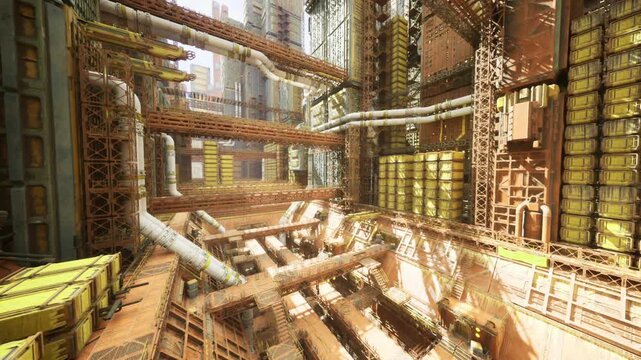 Daylight logistics yard with stacked barrels and interlaced pipes, retro industrial vibe showing storage, loading zones and complex support struts.