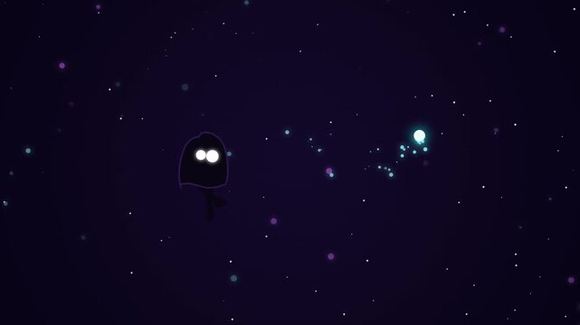 Cute ghost character with big eyes floating in a starry night scene