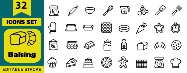 Baking and pastry culinary line icon set featuring kitchen utensils and bakery food ingredients, culinary