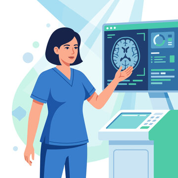 Doctor explains brain scan results on monitor, medical diagnostic illustration