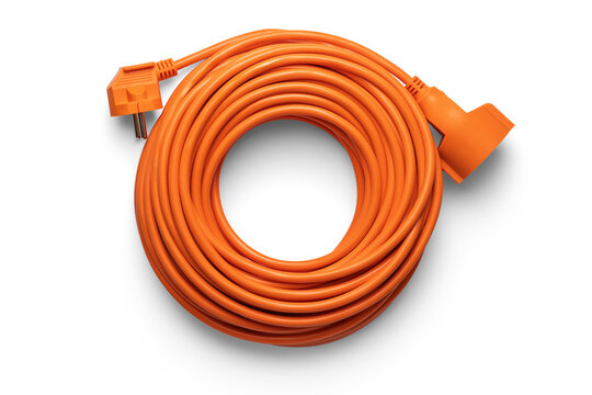 Coiled orange extension cord isolated on white background, top view