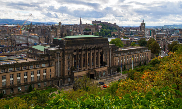 Aerial cityscape of historic Edinburgh with St Andrew's House in foreground