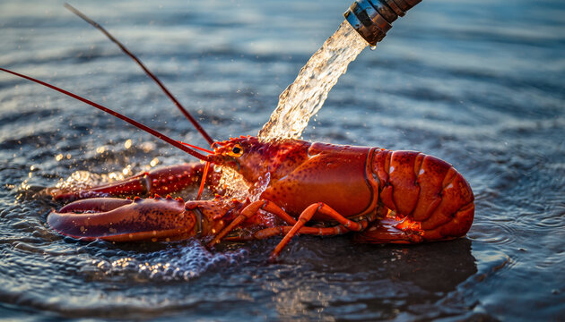 Lobster being poured with water in a marine environment.