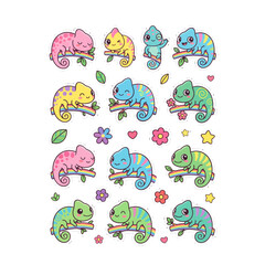 Fototapeta premium Colorful chameleon vector icons perched on vibrant rainbow branches in playful cartoon style