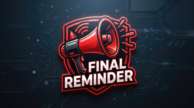 Stylized digital reminder megaphone with bold final countdown text on futuristic background with vibrant digital megaphone icon emitting glowing red outline