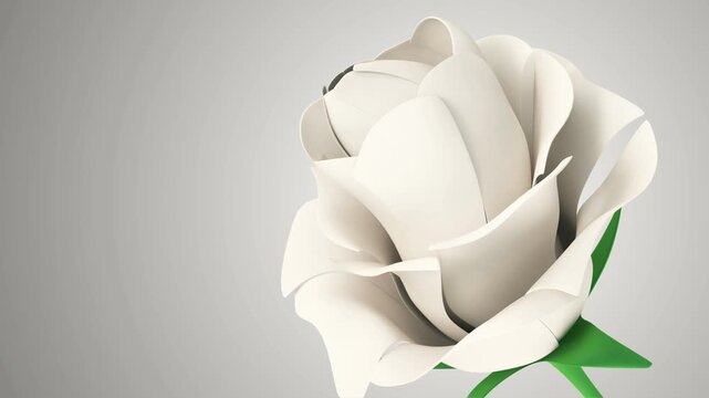 Close view of a white rose turning slowly to reveal layered petals and green sepals against a clean gray backdrop in minimalist floral 3D animation