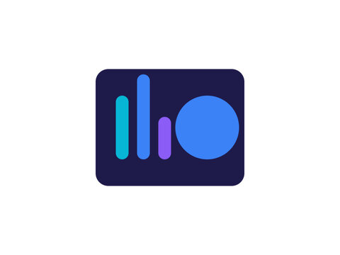 Minimalist digital logo featuring colorful bar charts and a blue circular icon