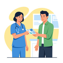 Fototapeta premium Nurse giving medical brochure to patient, healthcare consultation and information sharing vector illustration