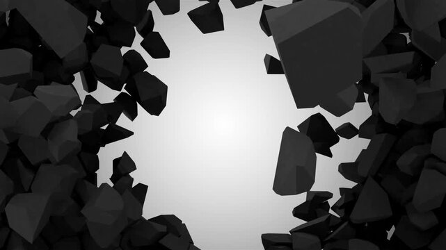 Abstract black polygonal rocks fracture and fly outward, opening a bright central space as the camera moves through the debris in minimalist 3D animation